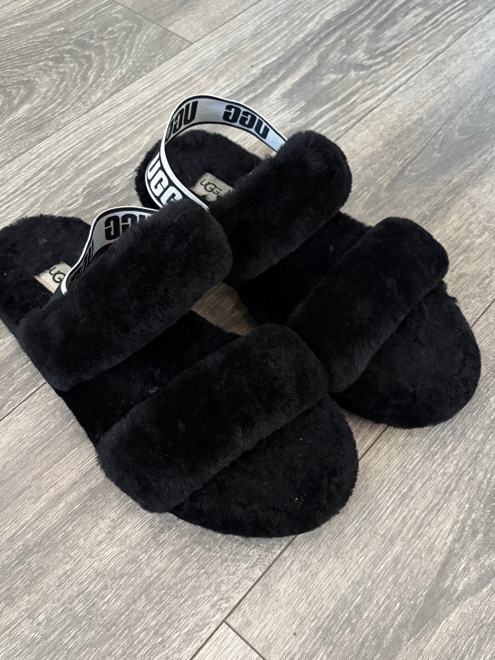 UGG Black Plush Double-Strap Slide Sandals with Logo Heel Strap
